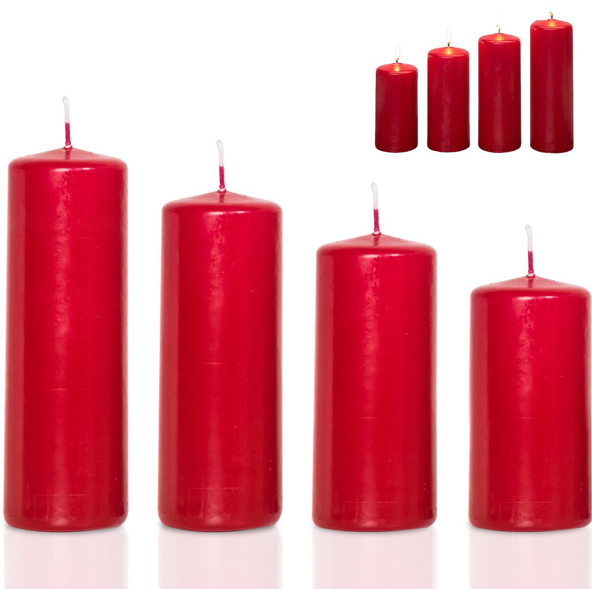 Candelo 4-delige set stompkaarsen Kerst Ambiente kaarsen – bordeaux – 12/14/16/18 cm – adventkaars kerstdecoratie – kerstkaarsen voor adventskrans