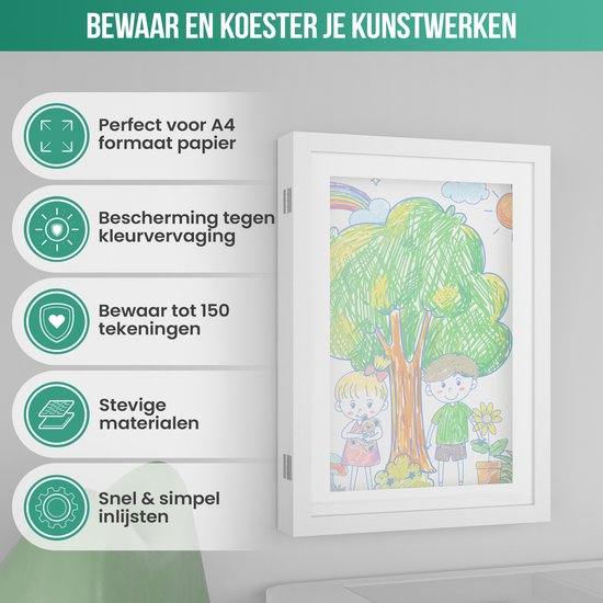 Cadre photo blanc avec dessin d'enfant: soleil, arbre, enfants. Parfait pour A4, protège contre la décoloration, contient 150 dessins.