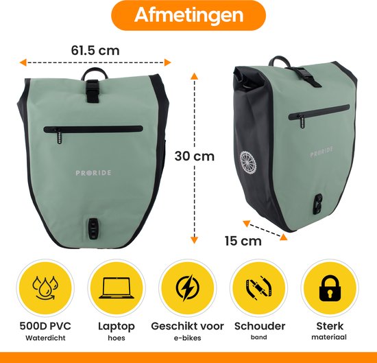 Enkele Fietstas Proride - 100% Waterdicht - 28 Liter - Pakaftas Elektrische Fietsen - Schoudertas - Inclusief Schouderband en Laptophoes - Bagagedrager - Reflector - Magnetische sluiting - Groen van FastRider — afbeelding 2