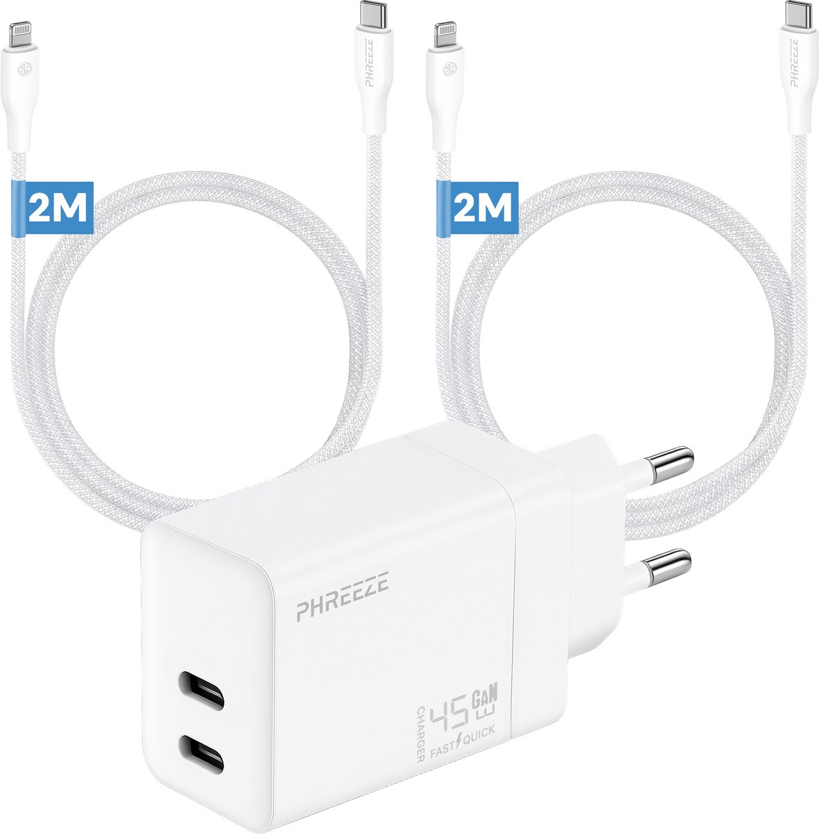 Phreeze oplaadset met 2x kabels geschikt voor iPhone 14 13 12 11 X XR XS Max Pro Mini Plus en iPad met Lightning kabel 2m