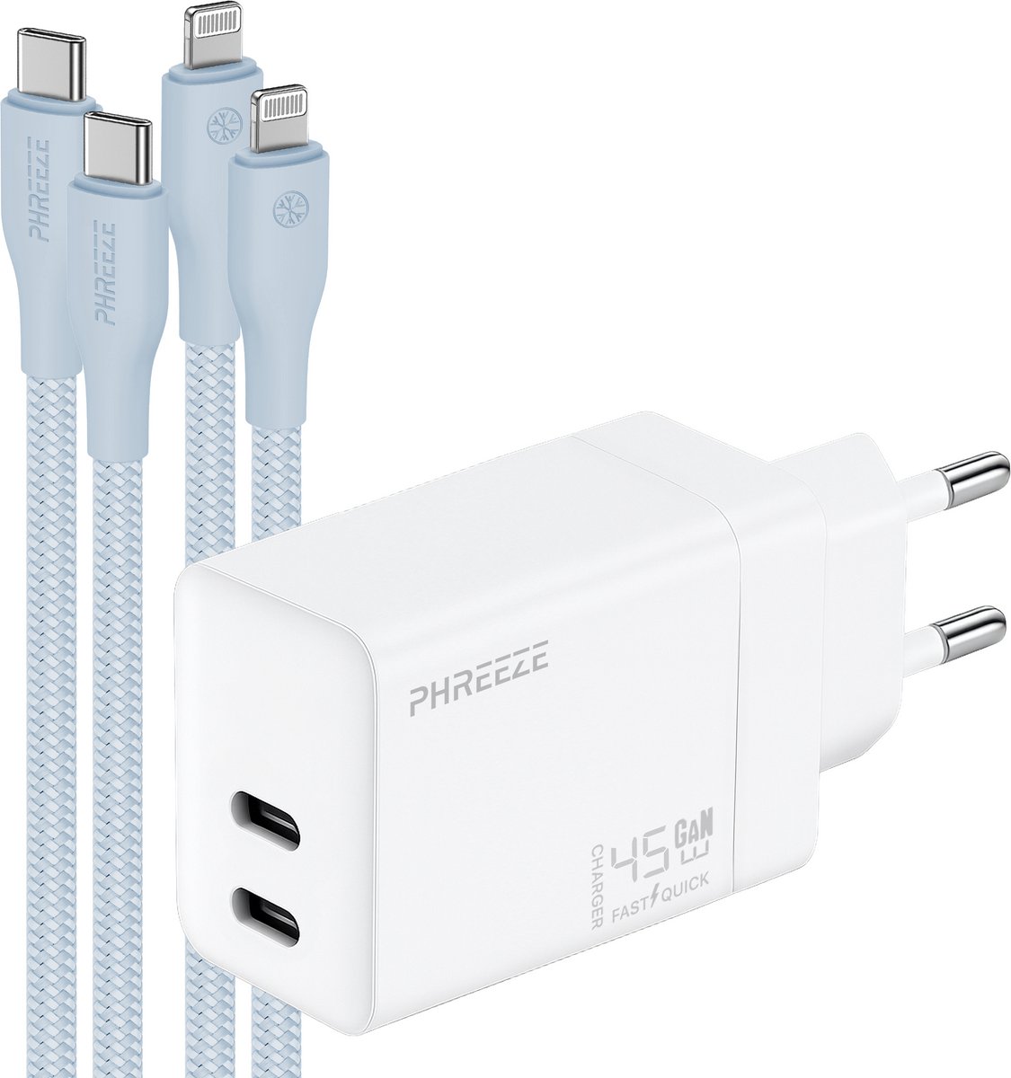 Phreeze usb C snellader geschikt voor iPhone en iPad met Lightning kabel - Dual port Power Adapter 45 W met 2 kabels 1m blauw