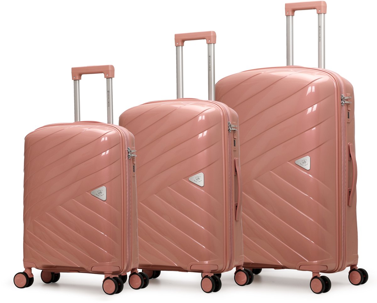 Royal Swiss® Kofferset 3-delig – Hardcase PP – Lichtgewicht & Duurzaam – 8 Wielen 360° – TSA Cijferslot – Reis Koffer Set 20”/24”/28” – Rose Gold