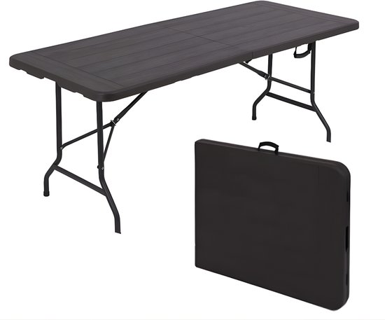 Een donkergrijze inklapbare tafel in opengevouwen en dichtgevouwen toestand, naast elkaar geplaatst.