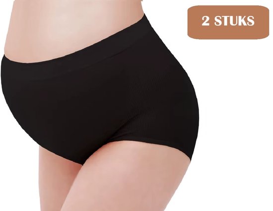 Zwarte, naadloze zwangerschapsonderbroek met hoge taille, met "2 stuks" tekst, van zijkant gezien.