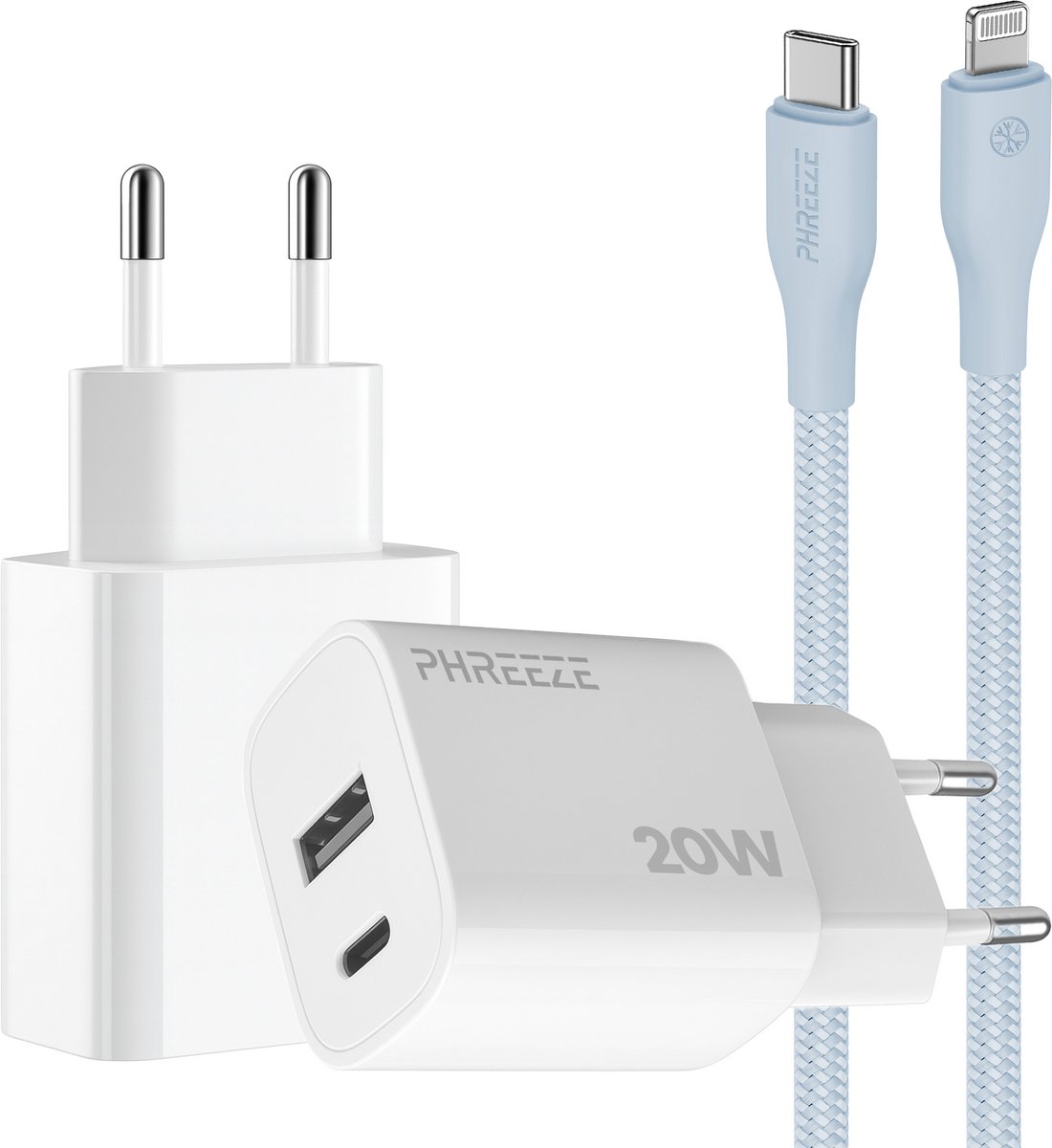 Phreeze usb C adapter 20 W blauw met kabel geschikt voor iPhone 15 14 13 en iPad met Lightning kabel - Power Delivery snellader met 2 poorten
