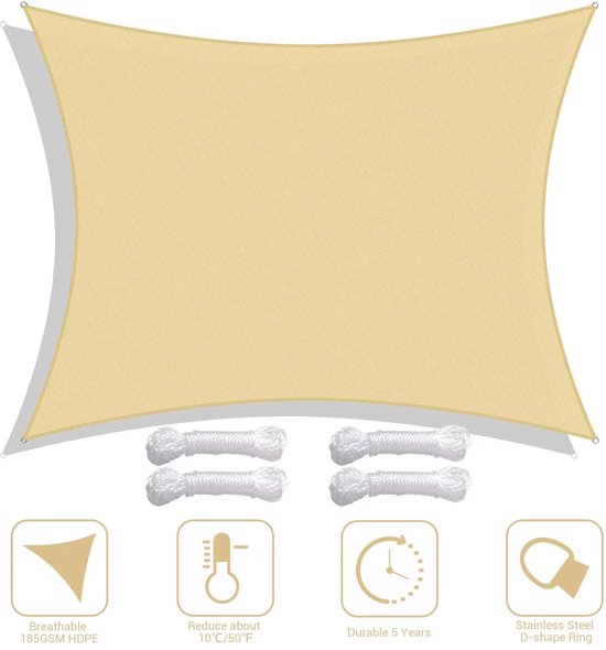 Schaduwzeil 3x2.5m Rechthoek – Waterdicht – 95% UV-Bescherming – Gemakkelijk Te Installeren – Duurzaam – 1 Stuk – Beige