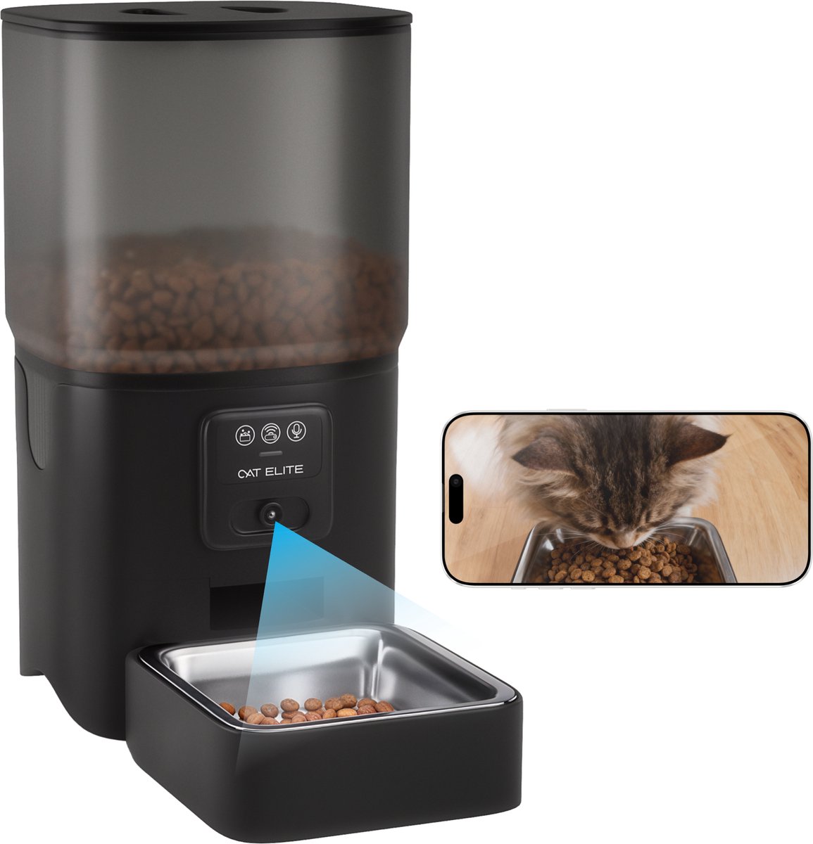 CatElite® Automatische Voerbak 6L RVS met HD Camera Zwart