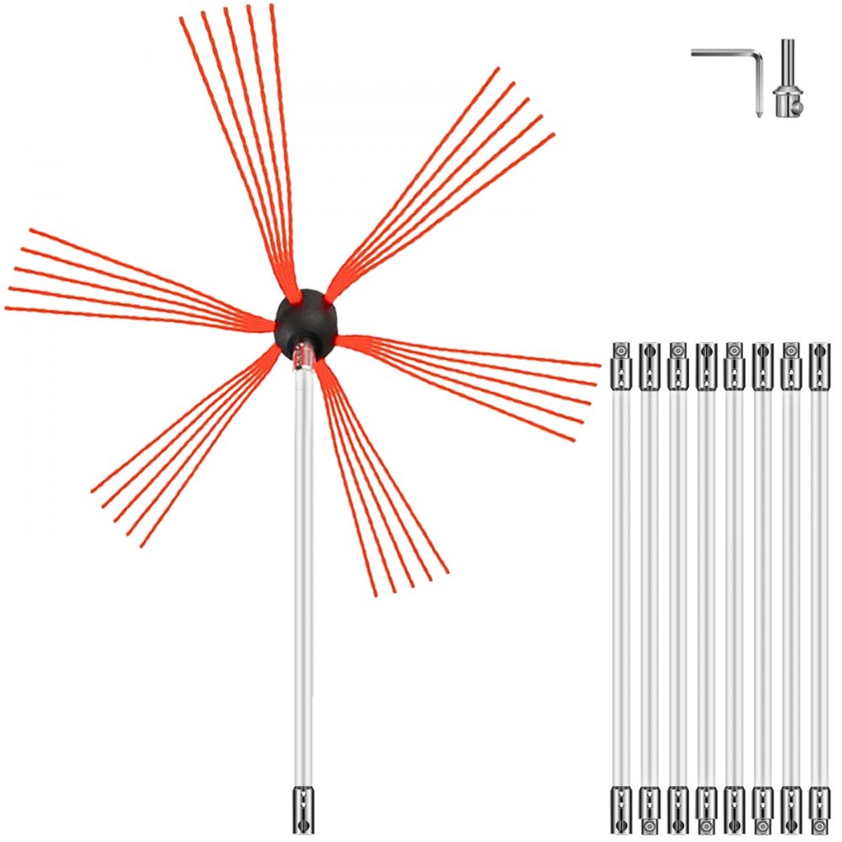 Schoorsteenborstel Set - Veegset - 9 m Lengte - Flexibele Nylon Staven - Voor Ronde en Vierkante Schoorstenen - Geschikt voor Metaal en Baksteen - Met Accessoires - Wit