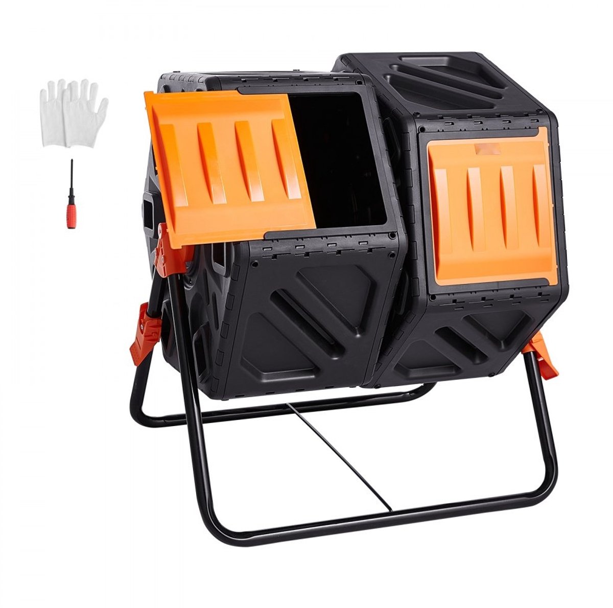 Composttrommel - Draaibare Compostbak met Dubbele Kamer - Inhoud 140 L - Afmetingen 78,5 x 60,5 x 79,5 cm - Draagvermogen 40 kg - Inclusief handschoenen