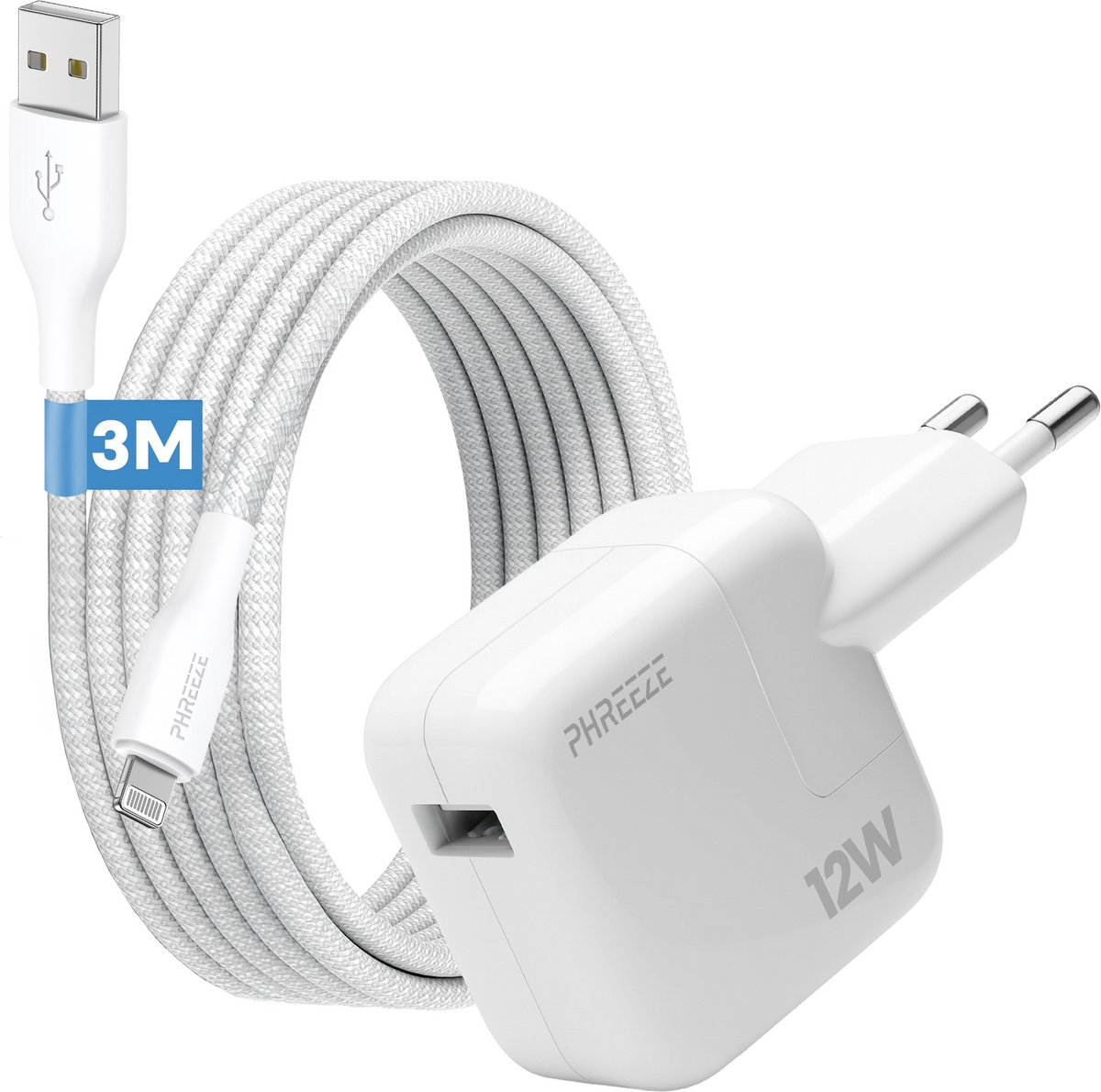 Phreeze usb stekker geschikt voor iPhone iPad met Lightning kabel 3 meter - Usb oplaadstekker en oplaadkabel