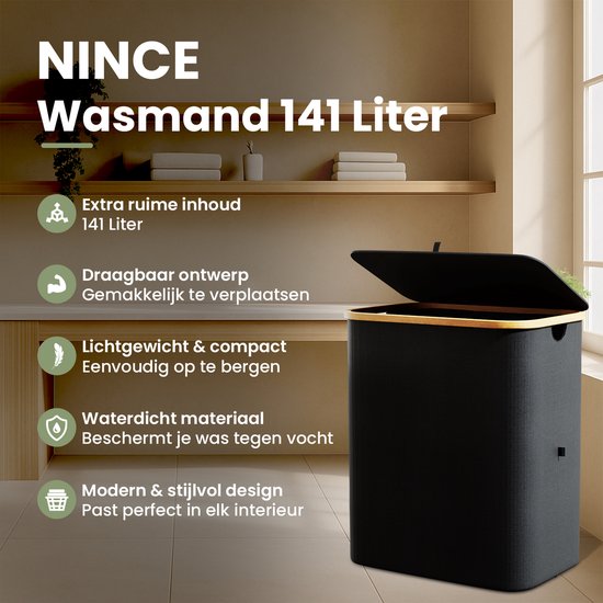 Zwarte wasmand 141 liter met bamboe frame en deksel in een lichte badkamer.