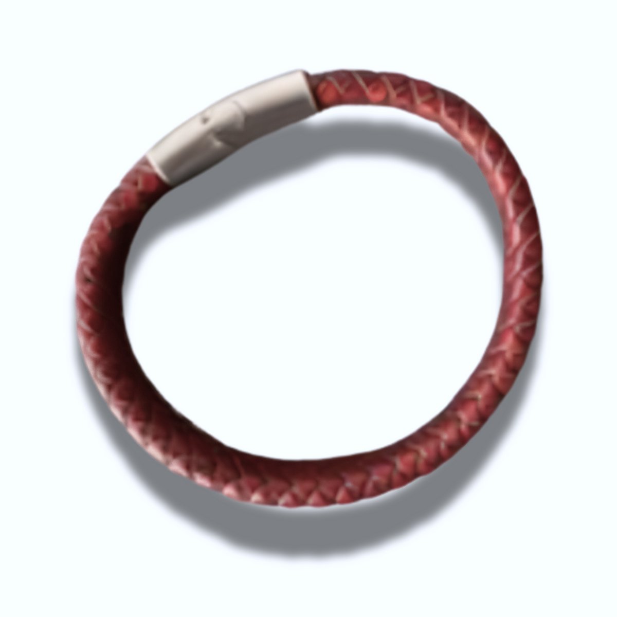 Armband - rood bruin leer - gevlochten - RVS sluiting - 18 cm