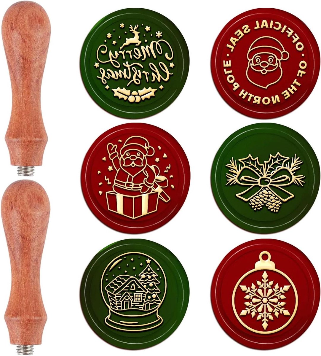 EGoods - Kerst Wax Seal Stempel Set, 6 stuks Messing Stempel Hoofden met Houten Handvatten voor Kaarten Maken Decoratie Kerst X'MAS EVE.