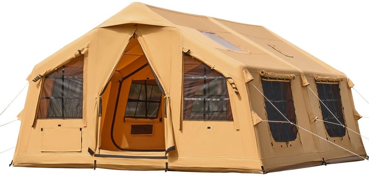 Opblaasbare kampeertent - Familietent/Glampingtent 8-12 personen - Afmeting 4,8 x 3,6 x 2,2 m - Inclusief handpomp - Luifel - Kachelaansluiting - Twee Deuren - Gaasramen – foto 6
