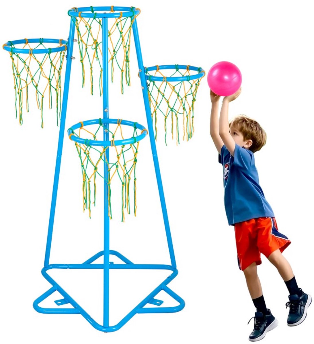 Basketbalring voor Kinderen - Basketbalstandaard Met 4 Ringen - Verstelbare Hoogte - Draagbaar - Inclusief 3 Ballen - Binnen en Buiten - Voor Alle Leeftijden
