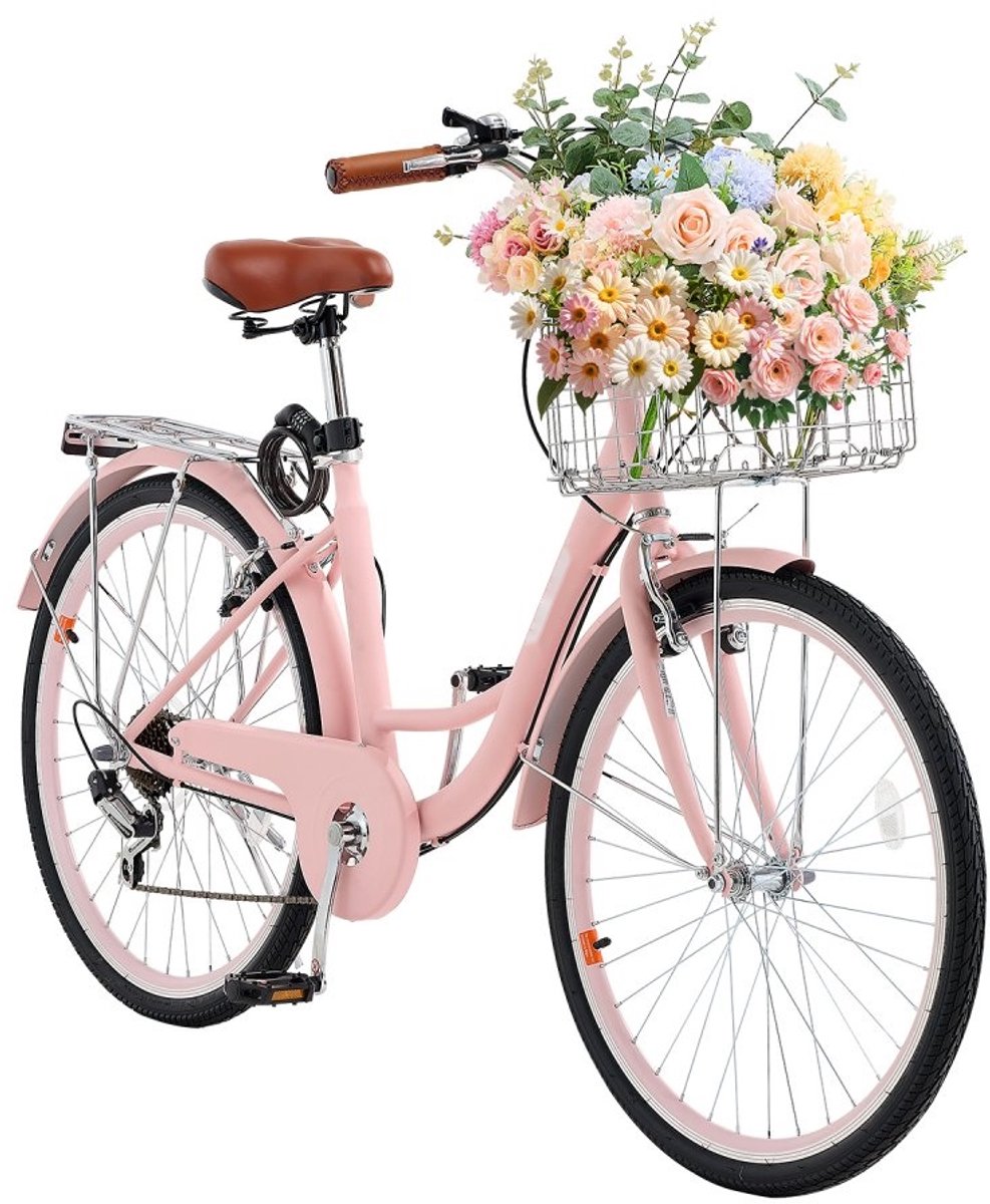 Cruiserfiets - Strandfiets - 7 Versnellingen - Wielmaat 66 cm - Grote Mand en Bagagedrager - Verstelbaar Zadel - Roze