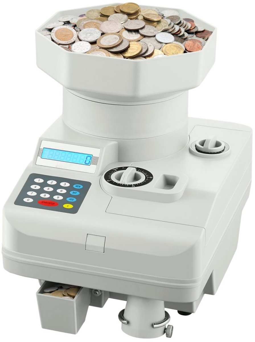 Muntenteller - Geldtelmachine & Muntensorteerder - LED-display - Capaciteit 11.000 Munten - Automatische Tel- en Sorteerfunctie - Geschikt voor Internationale Munten en Tokens