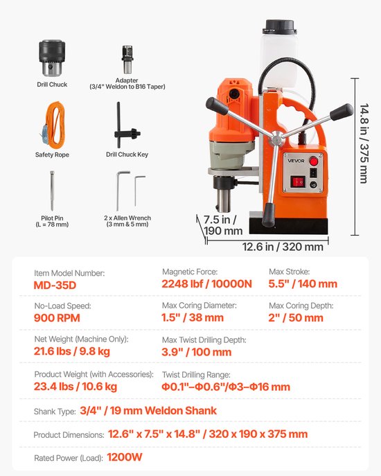 Overzicht van een oranje boormachine met accessoires en afmetingen: 12,6" x 7,5" x 14,8".