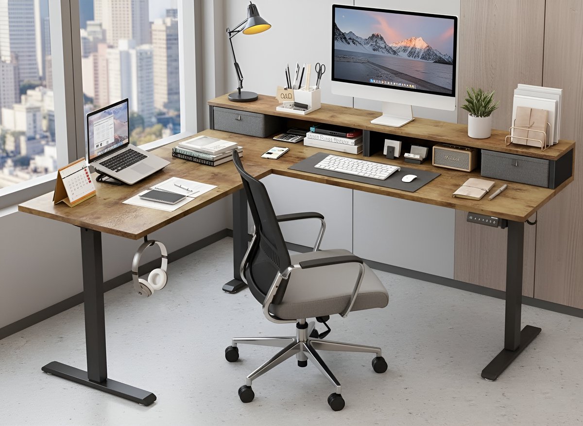 Elektrisch Staand Bureau L-Vormig met Laden 160x140 cm – In Hoogte Verstelbaar Hoekbureau met Opbergruimte, Ergonomisch Zit-Sta Bureau voor Thuiskantoor – Massief Bruin Hout & Stalen Frame – HomeByNicole