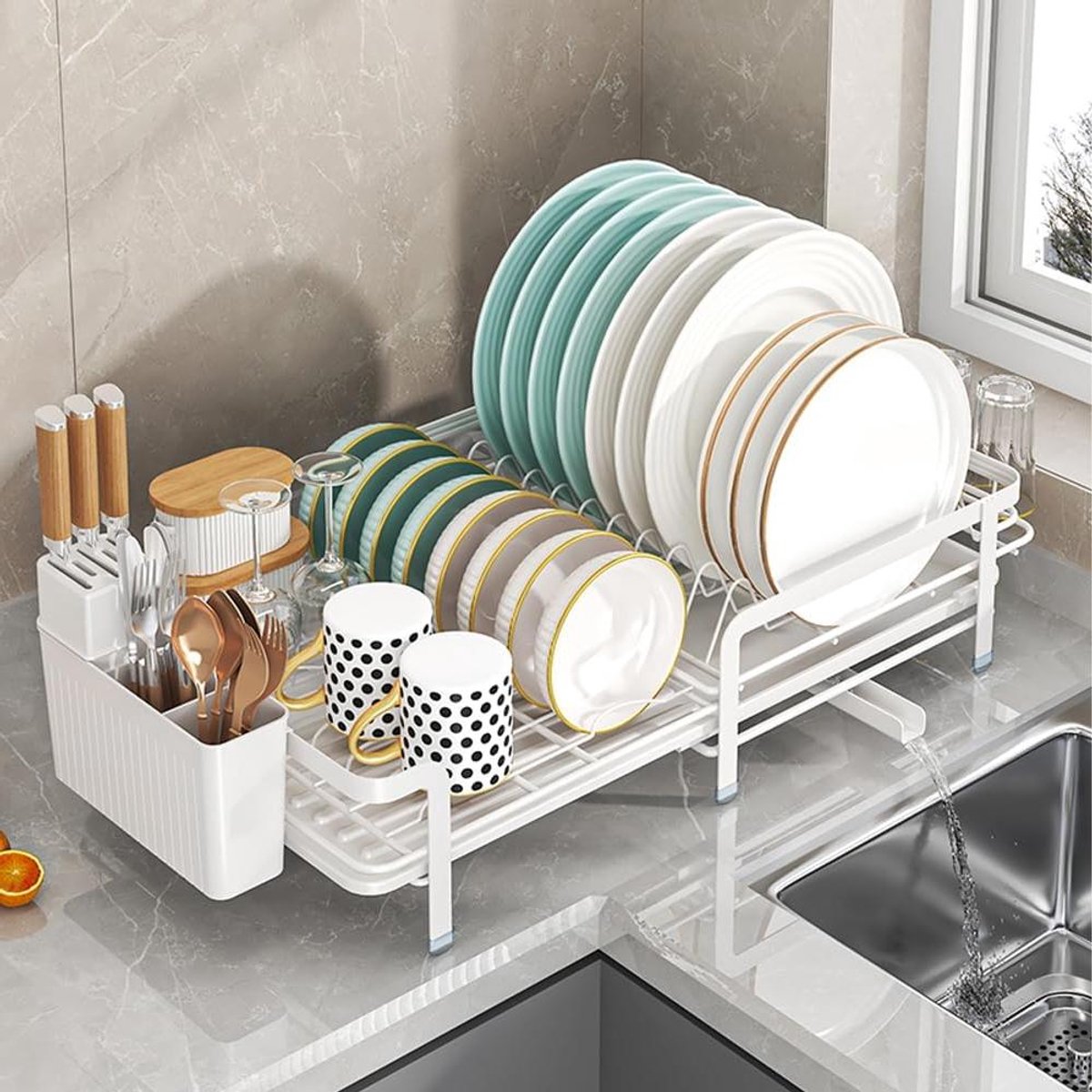 EGoods - Afdruiprek voor serviesgoed met uittrekfunctie - Metalen - Ruimtebesparend - Roestvrij staal - Wit - Gootsteen - Keukenhulp - 35-55 x 32 x 12 cm