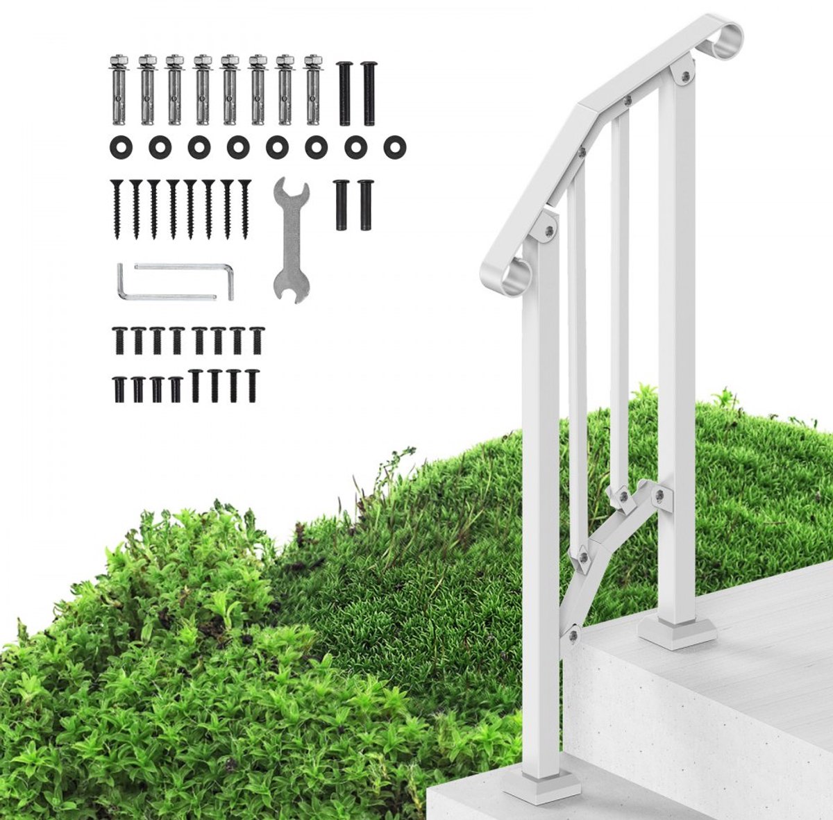 Buitentrapleuning - 1-2 Treden Trapleuningset - Koolstofstaal - Met Montageset - Weer- en Roestbestendig - Retro Boogdesign - Voor Betonnen Treden, Veranda, Terras - Wit