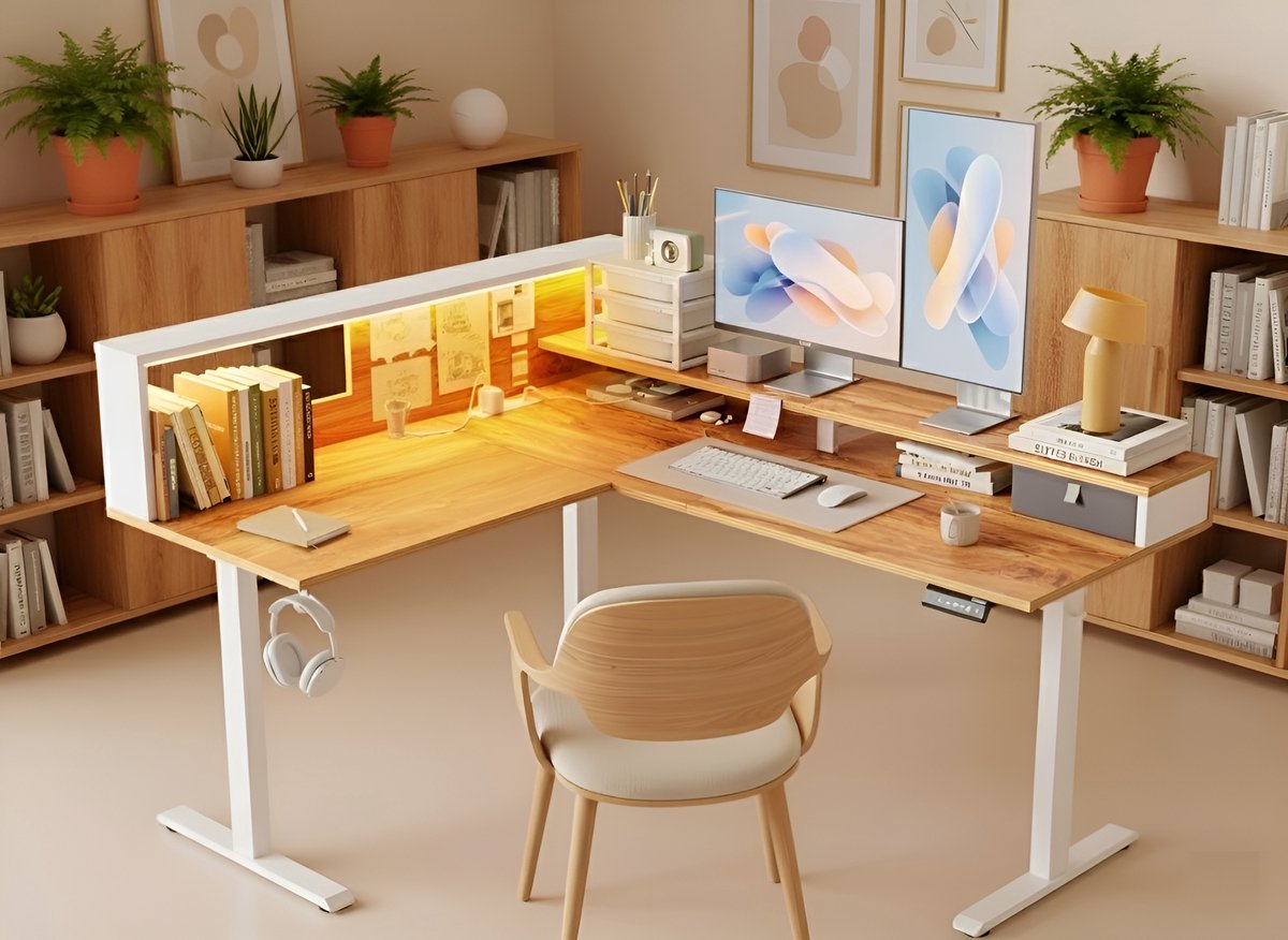 In hoogte verstelbaar L-vormig hoekbureau met LED-verlichting en geheugenfunctie – elektrisch zit-sta bureau 160 x 140 cm – modern houten design met opbergrek – ergonomisch kantoor- en gamingbureau – Lichtbruin – HomeByNicole