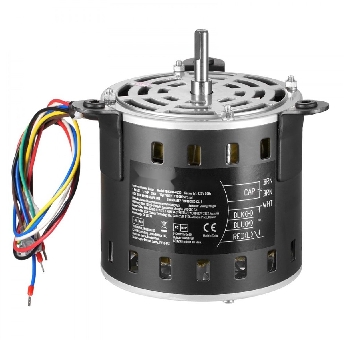 Ventilatormotor - Blowermotor - 370 W - 220 V - 3 Snelheden (1300/1100/800 tpm) - Tegen de klok in (aseinde) - As Ø10 mm x 20 mm - Inclusief CBB60 15 µF/450 V condensator - Rood