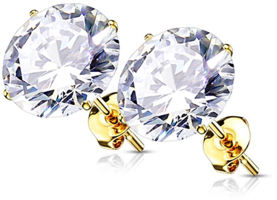 Boucles d'oreilles en or 14 carats avec une pierre blanche ovale.