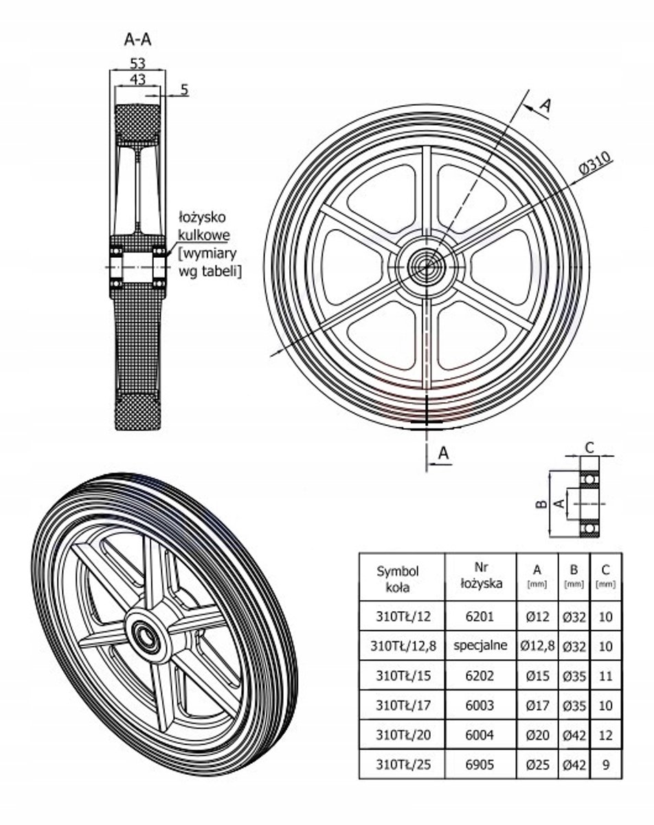 Wielfunctie grasmaaierwiel, 310 mm diameter, 20 mm asgat