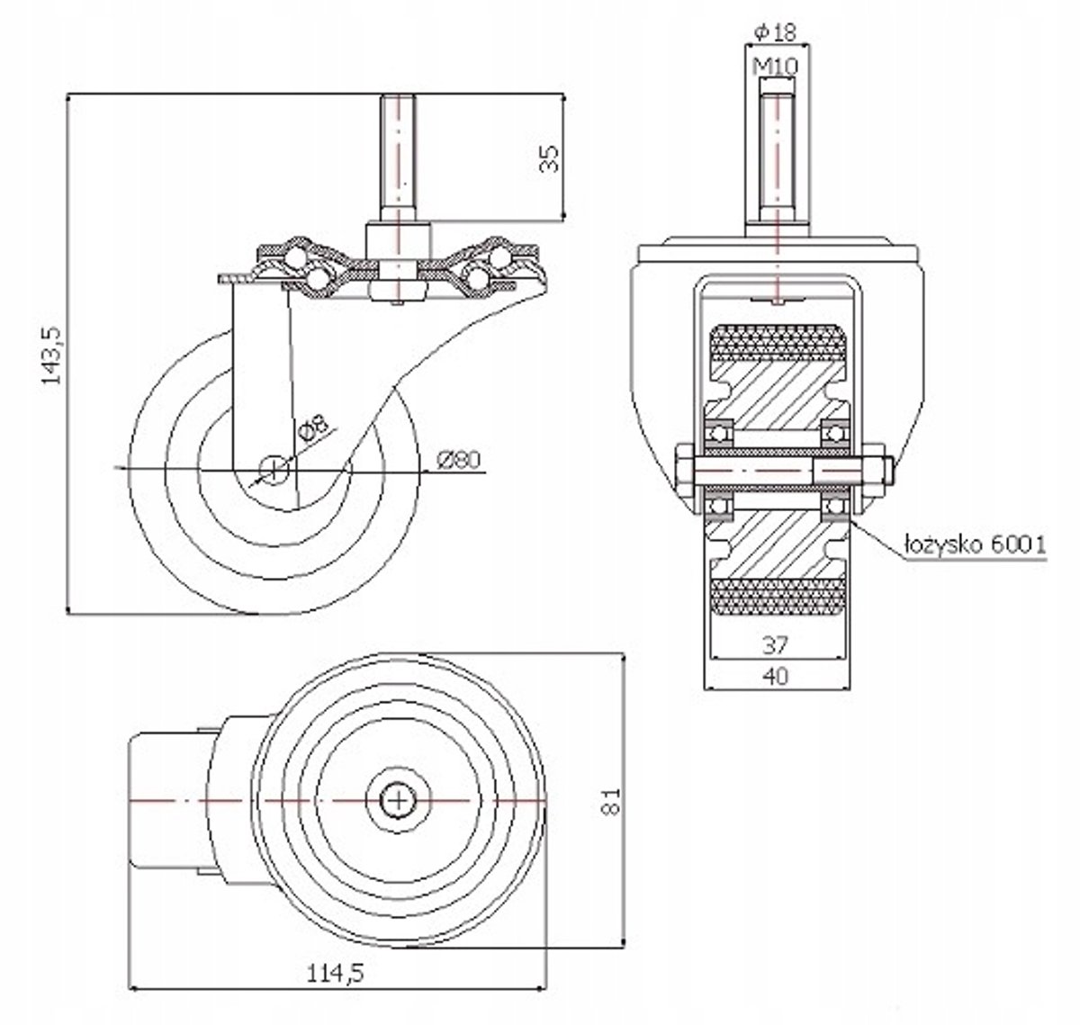 Aluminium-polyurethaan zwenkwiel met M10 draadpen, 100 kg