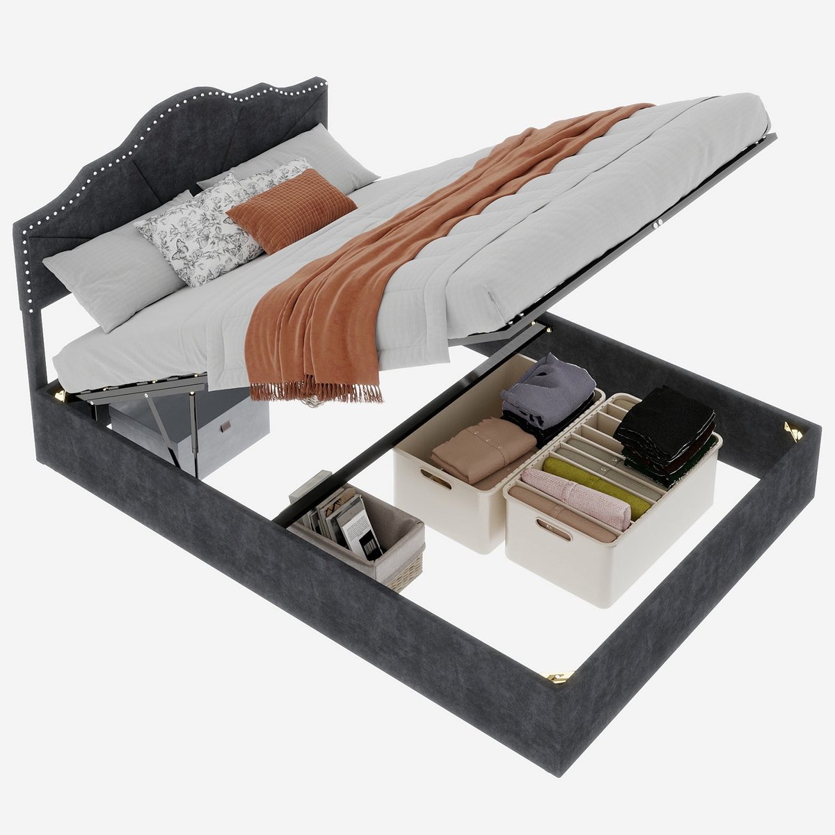 Merax Gestoffeerd Bed 140x200 - Fluwelen Stof Grijs - Bed met Opbergruimte - Hoog Boxframe met Gaslift - Metalen Frame - Houten Lattenbodem - Zonder Matras