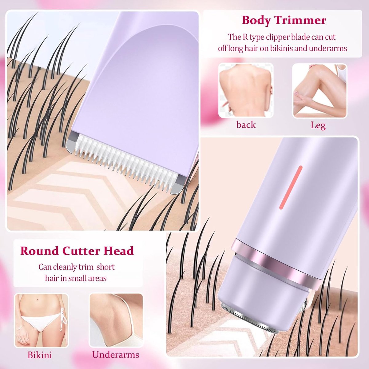 2 In 1 Ladyshaves voor vrouwen – Elektrisch Scheerapparaat – Waterdichte - Bikinilijntrimmer - Comfortabel en zacht – Zachte Trimmer Voor Lichaam En Gevoelige Zones – Comfortabel En Pijnloos Scheren – Paars – foto 3