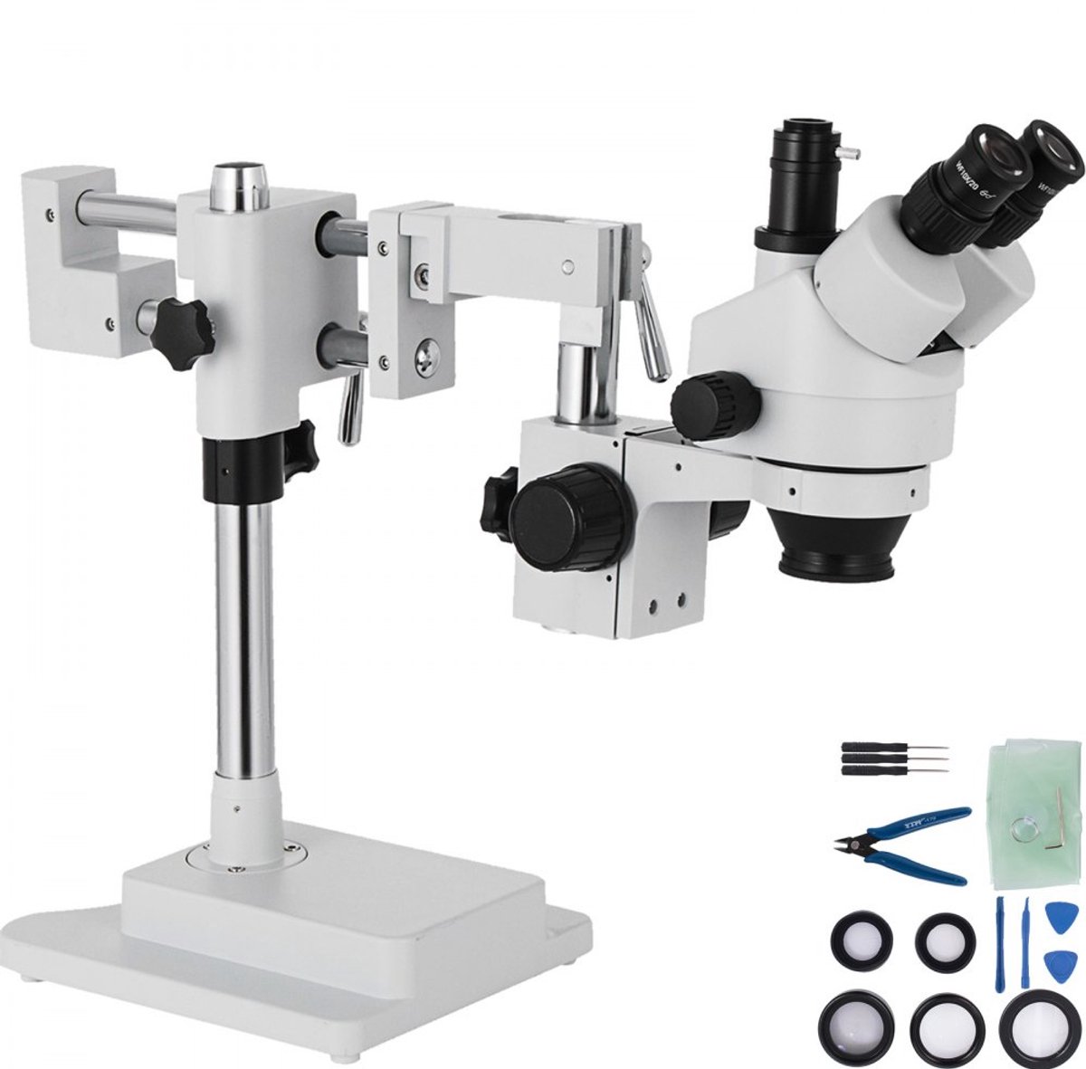 Trinoculaire Stereo Zoom Microscoop - Simulfocaal - Vergroting 3,5x-90x - Dubbele Arm Statief - 360° Draaibaar - Hoogte Verstelbaar - Camerapoort