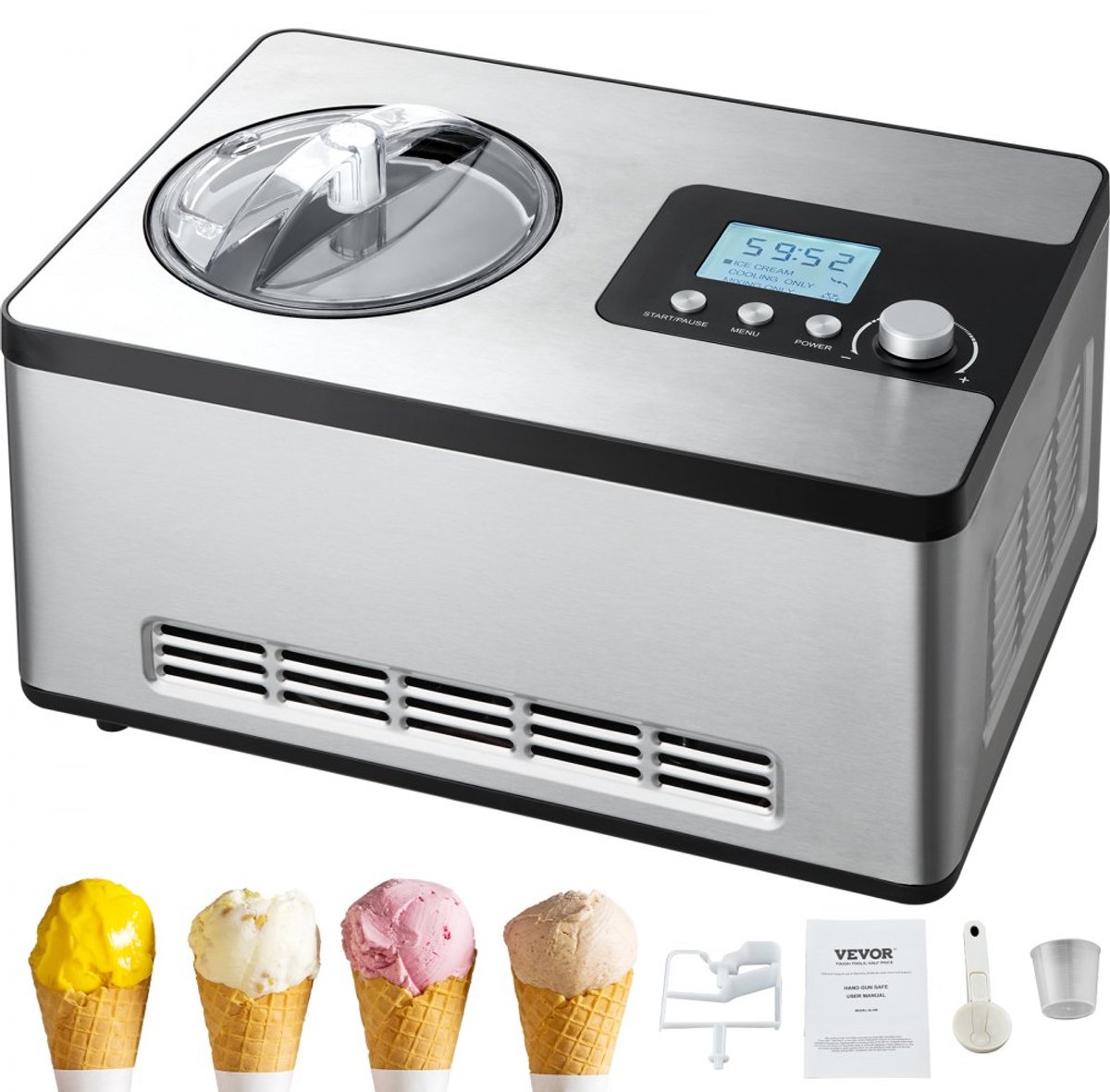 IJsmachine met compressor - Huishoudelijk Tafelmodel - Capaciteit 2 Liter - Vermogen 180 W - 3 Standen - Frozen yoghurt, sorbet & gelato - Laag geluidsniveau - Zilver