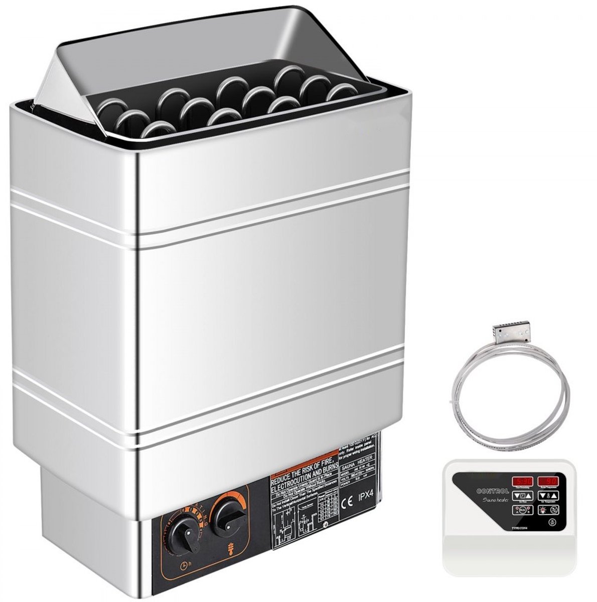 Elektrische saunakachel - 9 kW 380–415 V (3-fase) - RVS - Inclusief 20 kg saunastenen - Extern bedieningspaneel - Temperatuursensor 3 m - Temperatuur- en tijdinstelling
