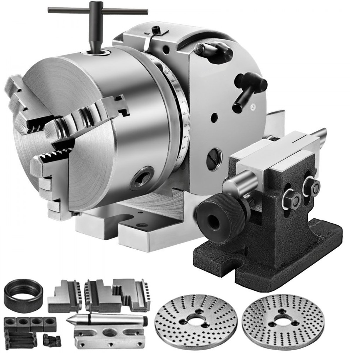 Verdeelkop met Klauwplaat - Draaitafel met Indexering - MK2 Morsekegel - Middenhoogte 100 mm - Inclusief Indexeerplaten - Gewicht 23 kg