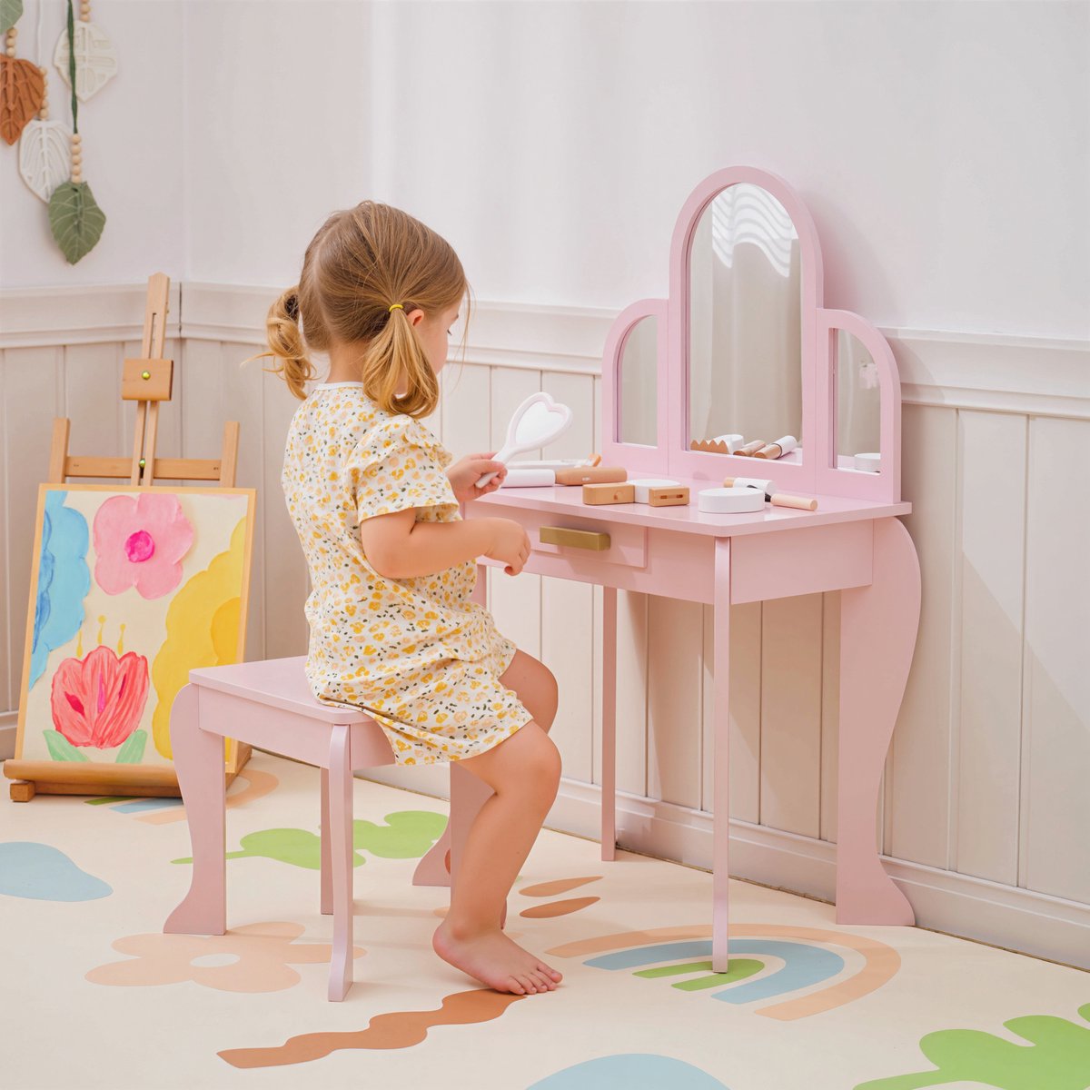 Kaptafel - Kinder Kaptafel - Kinderkaptafel met Spiegel en Stoel - Pink - Make-Uptafel