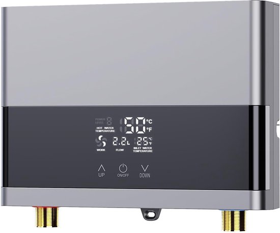 Zilverkleurige elektrische boiler met digitaal display waarop de temperatuur wordt weergegeven. Met aansluitingen voor water.