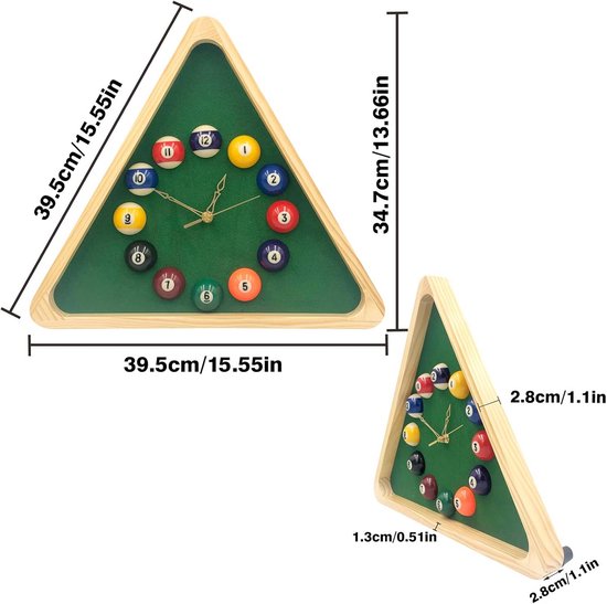 Driehoekige Biljartklok - 35 cm Wandklok met Massief Houten Frame voor Speelkamers en Bars — afbeelding 2