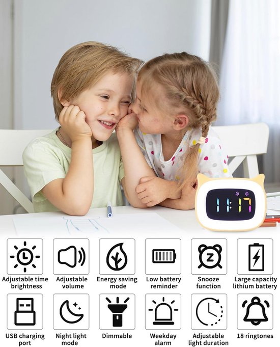Witte LED Kinderwekker met Verstelbare Helderheid en 18 Melodieën - Digitale Nachtwekker voor Kinderen met USB Oplaadpoort van Merkloos — afbeelding 3