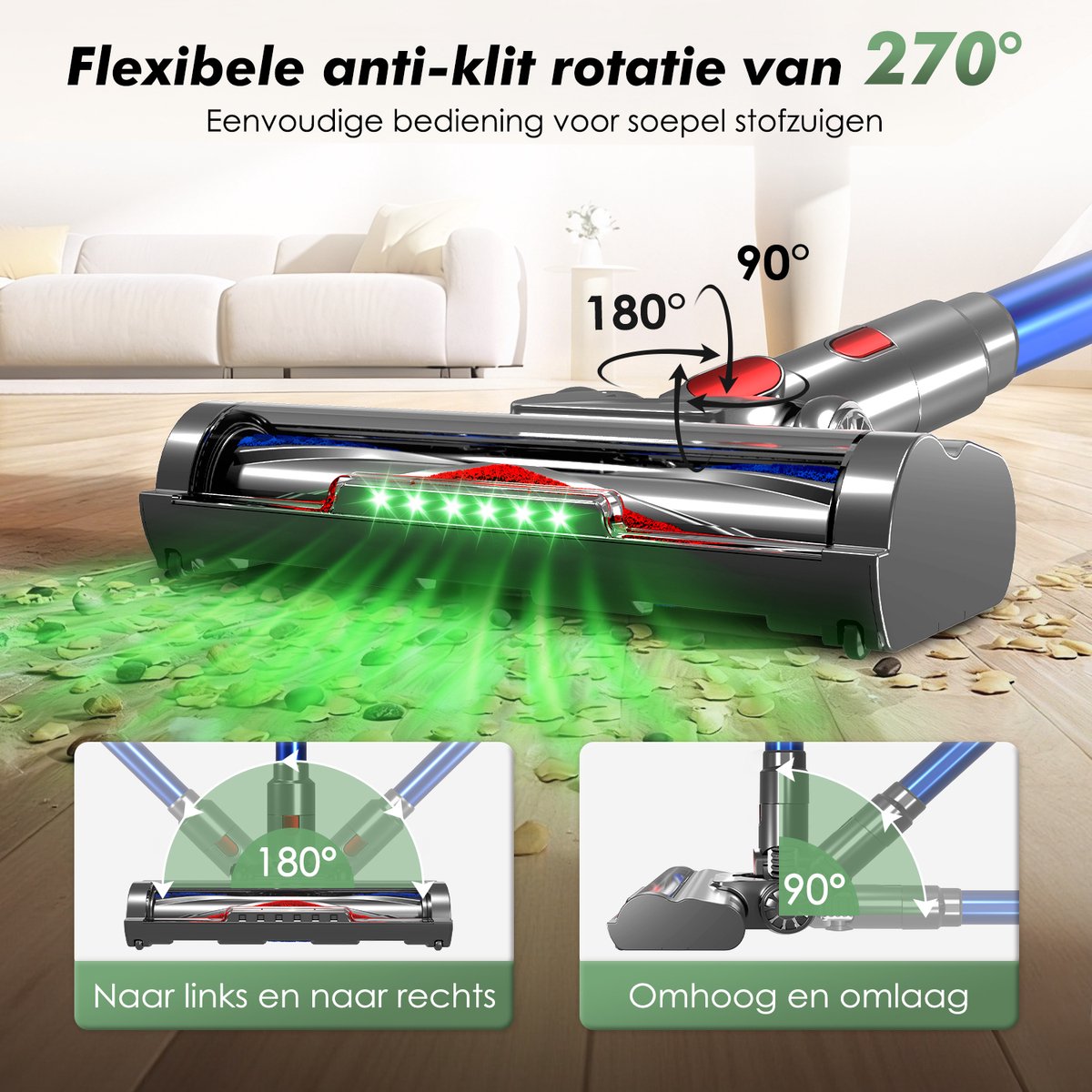 Fukstern Steelstofzuiger Draadloos - 38KPa krachtige zuigkracht - Tot 60 Min Accuduur - 4-voudig HEPA-Filtersysteem - 1,6L Stofreservoir - Anti-Klit Vloerborstel draadloze steelstofzuiger - blauw – foto 5