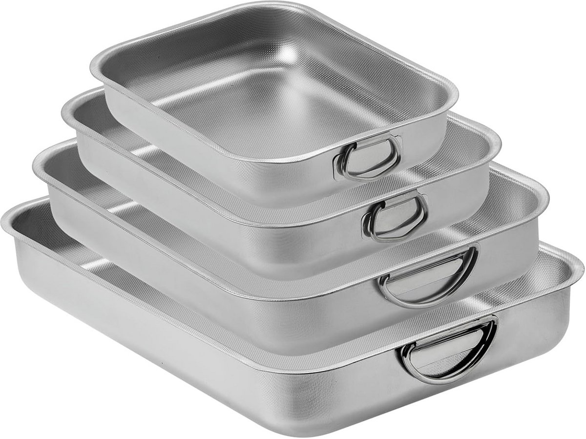 Set van 4 Rechthoekige Ovenschalen RVS met Antiaanbaklaag en Handvatten