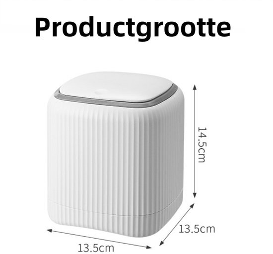 Witte mini prullenbak met deksel, geribbelde textuur, afmetingen 13.5x13.5x14.5cm