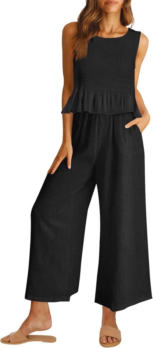 Dames zomer 2-delige linnen crop top en lange broek outfit set