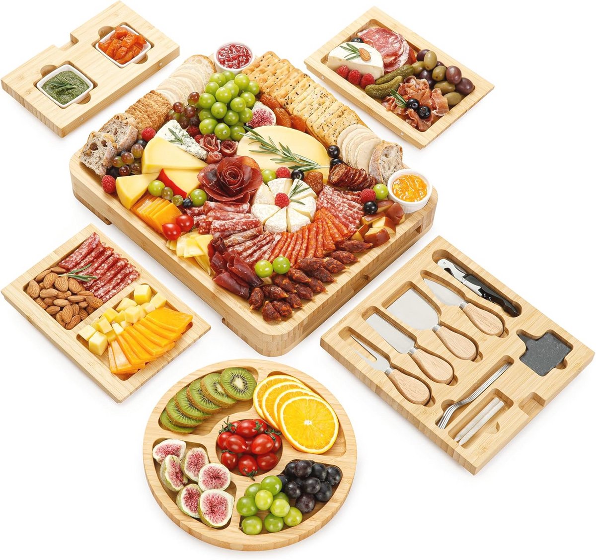 Deluxe Charcuterieplank Geschenkset - 23 Stuks, Bamboe - Ideaal voor Feestdagen en Cadeaus