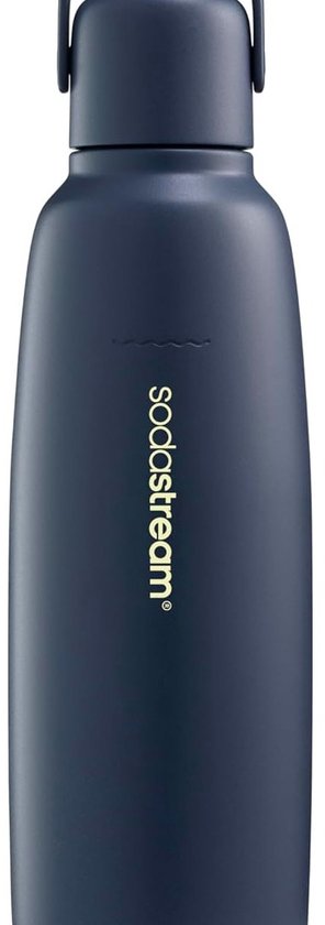 Donkerblauwe Sodastream fles met goudkleurige tekst 'sodastream'.