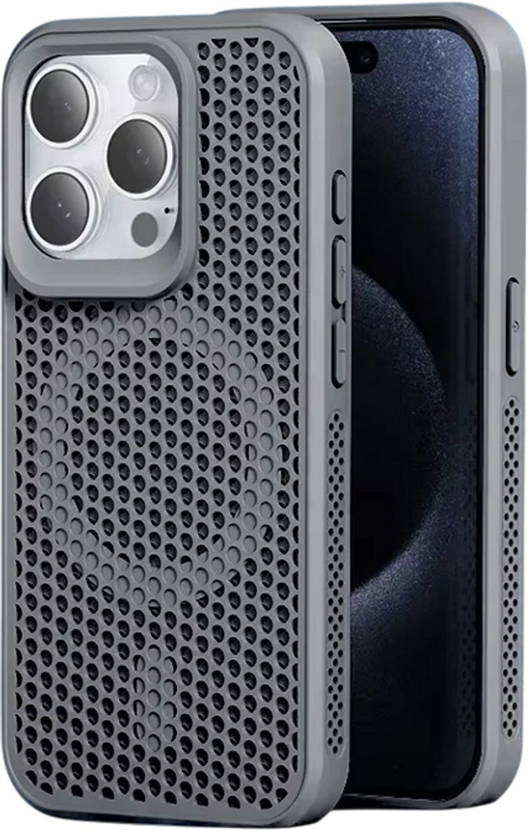 Koelend Telefoonhoesje geschikt voor iPhone 17 – Ademend Hardcase Telefoon Case, Warmteafvoer, Anti-Oververhitting & Beschermend Design-Grijs