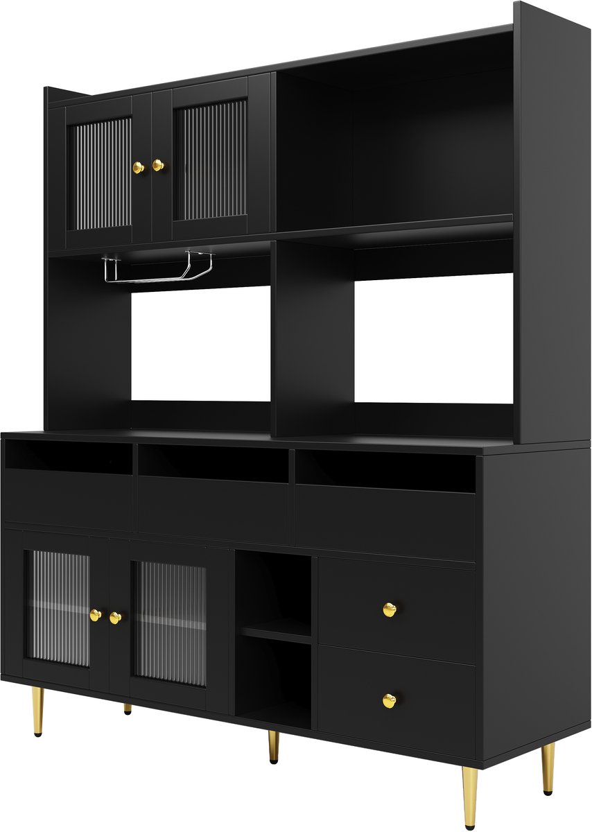 Hoge eetkamerkast (145 x 39 x 171 cm) met geperforeerde glazen deuren, wijnglazenrek, opbergruimte op meerdere niveaus, elegant zwart met gouden decoratie, geschikt voor gebruik in de eetkamer.