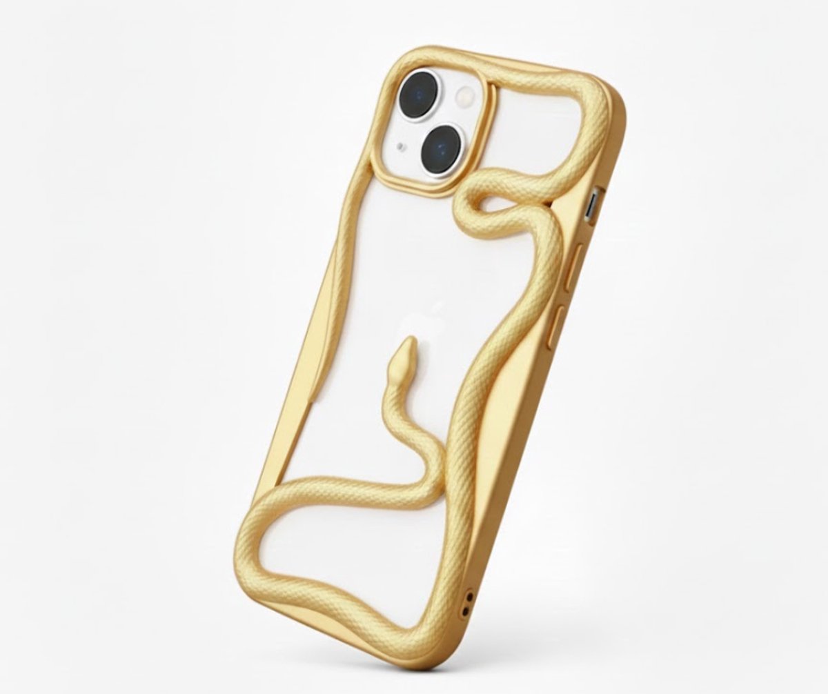 Goudkleurig slang design telefoon hoesje geschikt voor iPhone 15 Plus dames en heren met 3D reliëf slang detail, zachte TPU backcover met electroplating rand en effen kleur afwerking