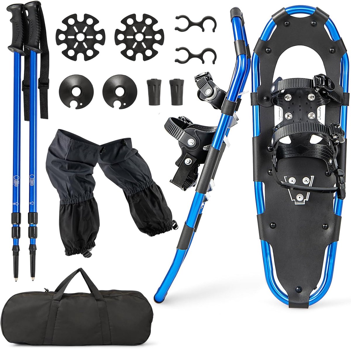 COSTWAY 4-in-1 sneeuwschoenenset schoenmaat 38-45 sneeuwschoenen met dubbel ratelbindsysteem aluminium frame trekkingstokken en draagtas beenkappen voor heren en dames Blauw